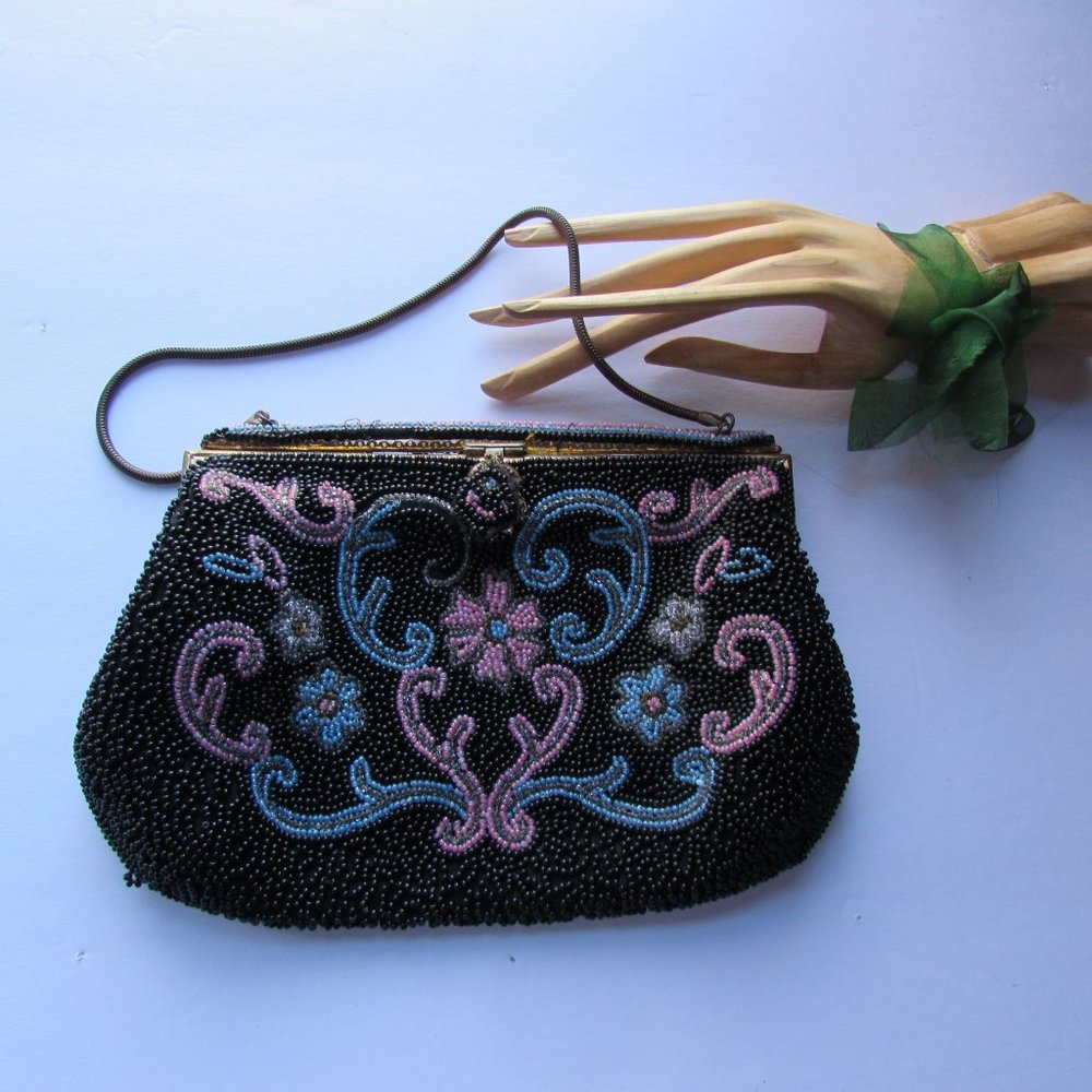 Vintage Black Beaded Evening Purse Charlet Made in France